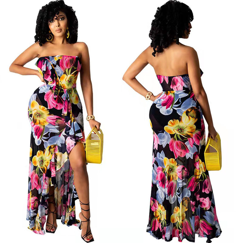 2023 verano transfronterizo costura color sólido falda irregular impreso fuera del cuello tubo superior hoja de loto sexy vestido de hendidura alta image 3
