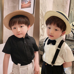 Children's white short-sleeve Korean-style pleated shirt summer performance medium child casual stylish base shirt trendy
