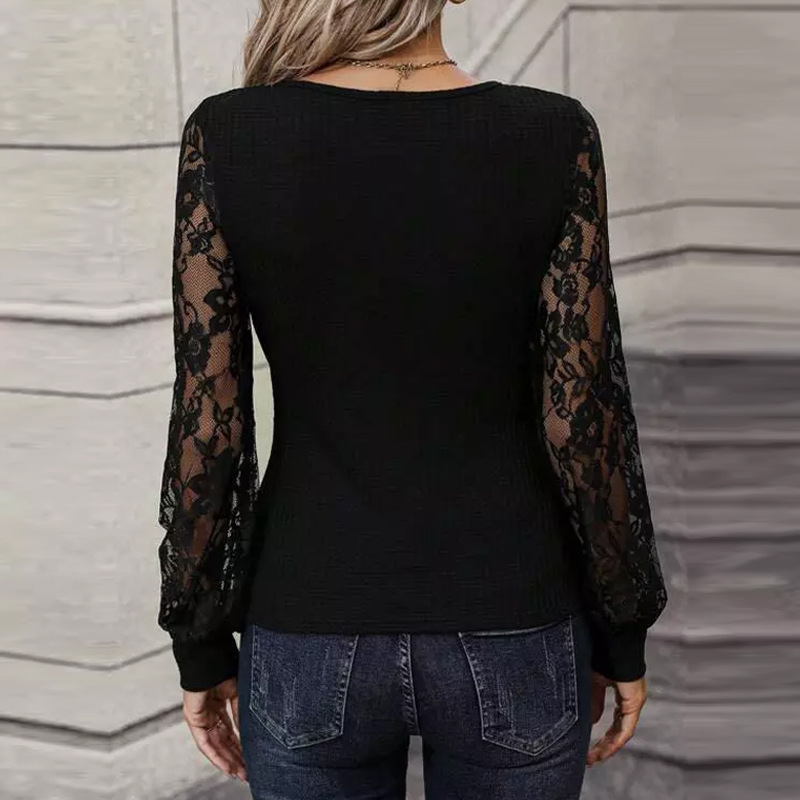 Damenbekleidung, neue Mode, Waffelspitze, langärmeliges Hemd, Pullover-Oberteil_voghion.com