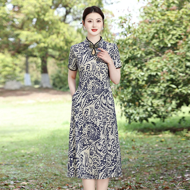Женское платье с круглым вырезом и принтом, новинка лета 2025, корейский стиль, приталенное, короткое, для мам, стройнящее, А-силуэта