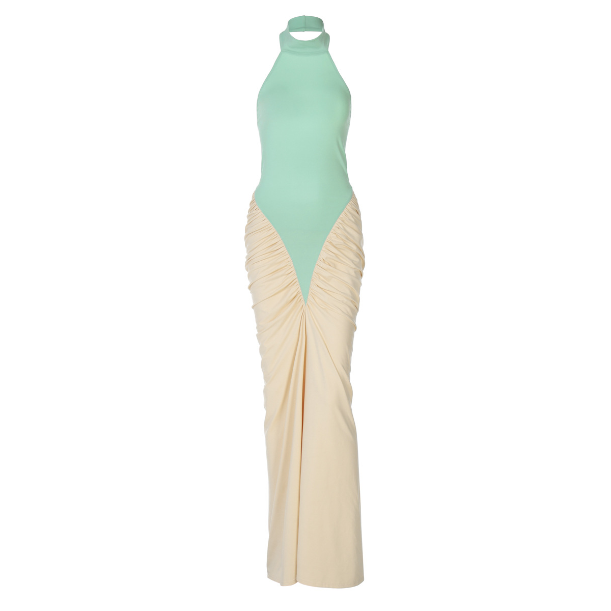 GraceChic European And American Fashion Cross-Border New Sexy Backless Halter Neck Patchwork Color-Block Long Bodycon Dress_voghion.com