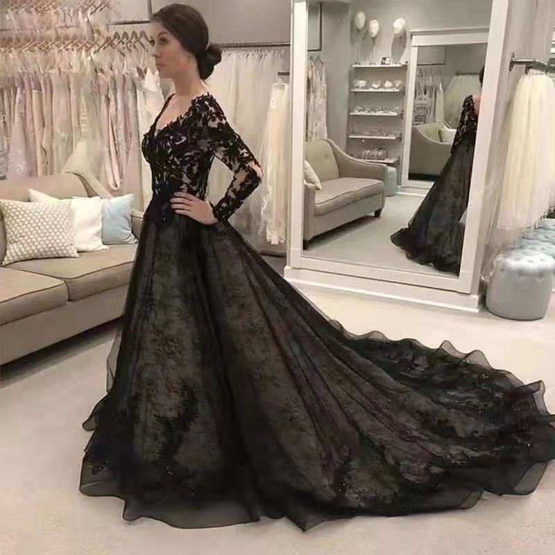 Damenbekleidung Schwarzes Spitzen-Abendkleid mit V-Ausschnitt und langen Ärmeln, Hochzeitskleid_voghion.com