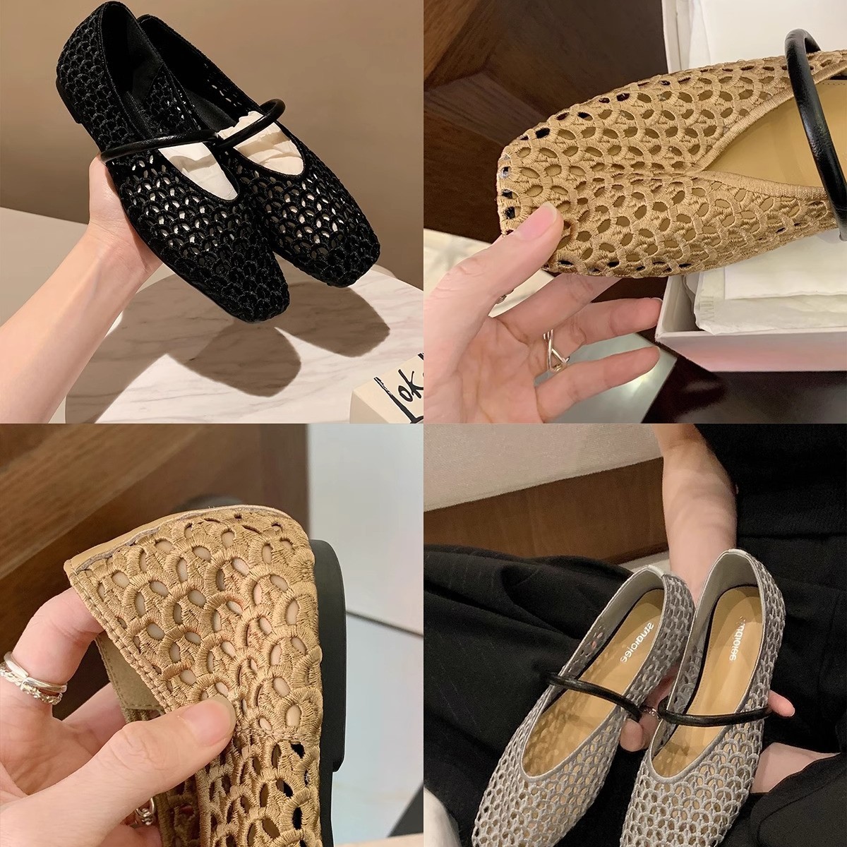 Grape Mom primavera nuevo estilo francés cabeza cuadrada tejida hueca con zapatos de boca baja de cara suave de todo fósforo mujeres