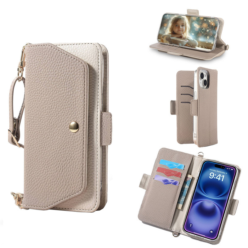 Suitable for iPhone 17 Flip Phone Leather Case, Apple 16 Adjustable Shoulder Strap Protective Case with Stand, Flip-Style Crossbody