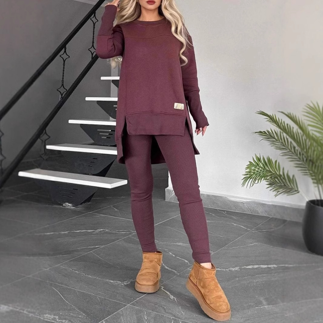 Women's Clothing autumn and winter hot selling women's tops slit long sleeved round neck casual solid color suit_voghion.com