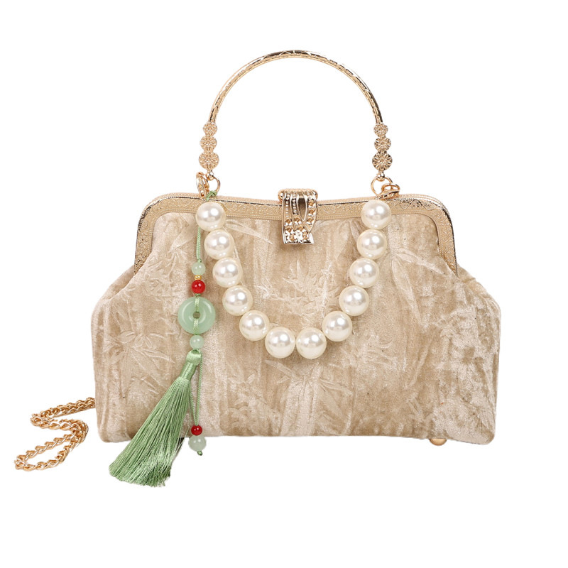 Broderad retro handväska för dam med pärlor och kedja_voghion.com