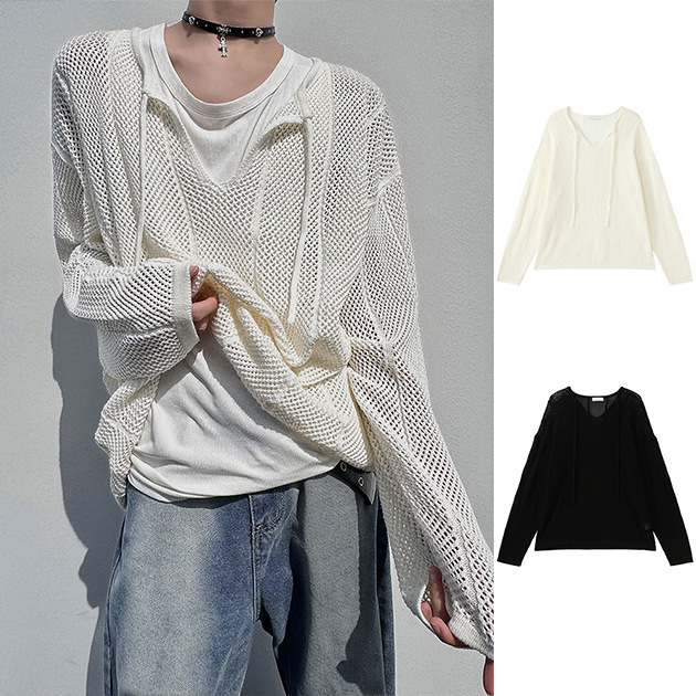 Sexy fishnet hollow-out sun protection cardigan knit sweater for men, spring and autumn style, suitable for layering, large mesh, cross-border factory wholesale