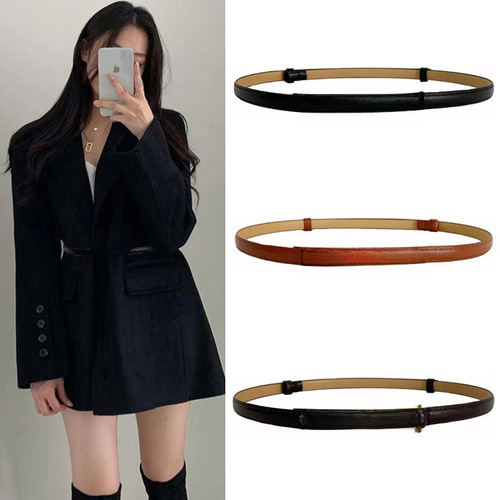Women's belt with delicate decoration, suits, sweater, matches dress, cinches the waist, fashionable, versatile, retro, small belt, matte black