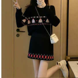 黑色毛衣女提花套装女2025新款秋冬穿搭显瘦针织上衣半身裙两件套
