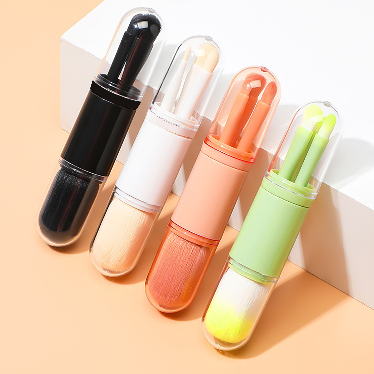 35g Weight Plastic Handgrip Makeup Brush Handle Type Makeup Brushes Makeup Tools Types 1 Set Quantity Artificial Fiber Material Simple Style Style White, Pink, Green, Black Color Portable Travel 4-in-1 Retractable Powder Brush Makeup Tool Compact Makeup Brush Retractable Blush Brush Beauty Tool