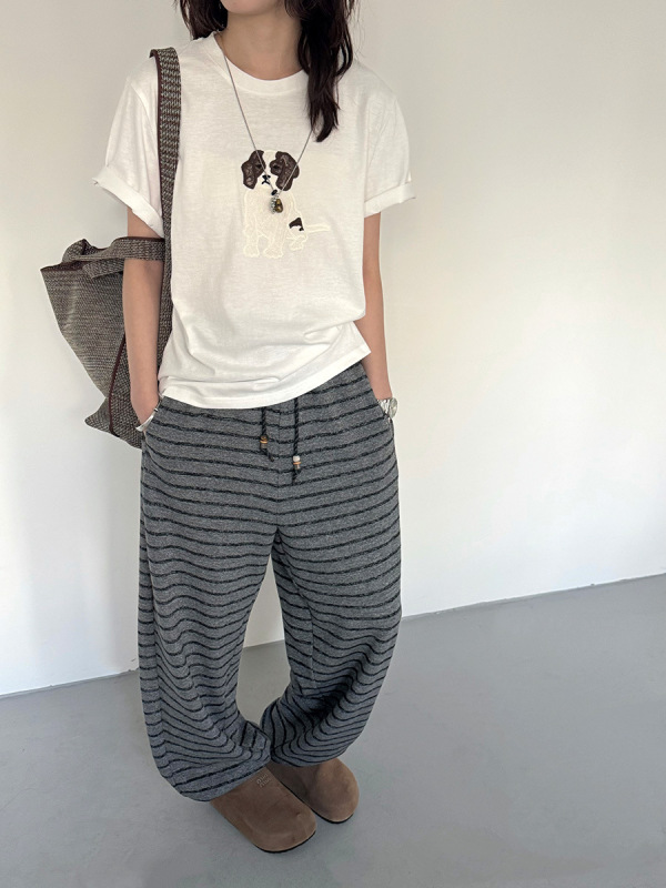黎诺早秋新款韩系蕾丝小狗短袖T恤女2025时尚洋气设计感圆领上衣|undefined