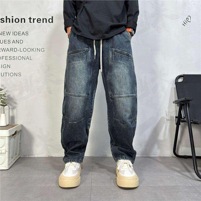 Herrenbekleidung: Lässige, lockere Jeans mit geradem, weitem Bein und Patchwork-Design, lässige Arbeitshose mit geschwungenem Bein, Frühling/Herbst_voghion.com