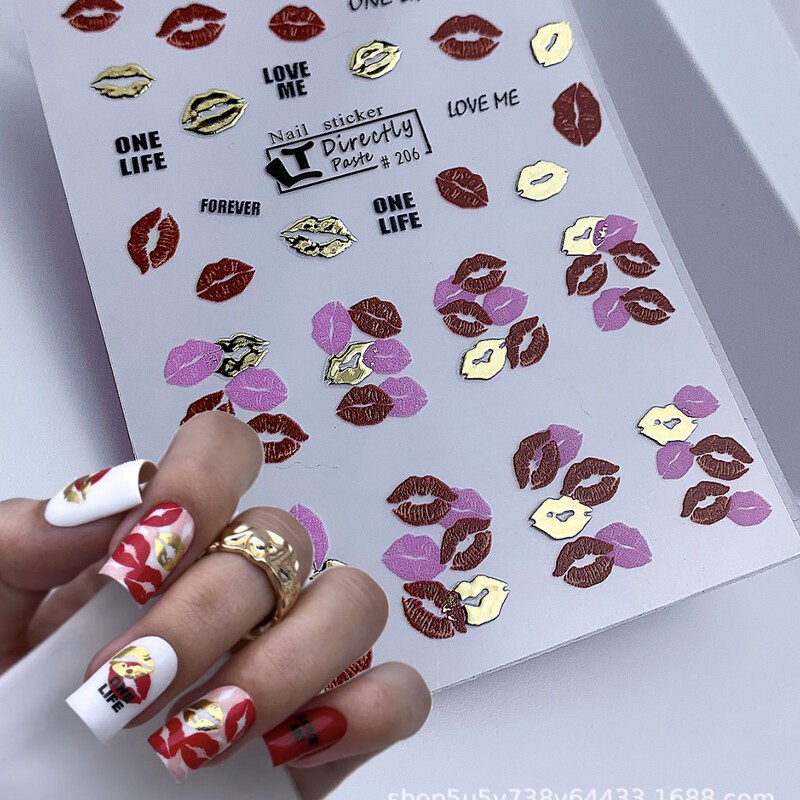 Valentine's Day Lip Pattern Self-Adhesive Nail Decals Manufacturer Customized Stereo Hot Process Nail Stickers Cross-Border Supply #