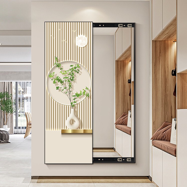 Nordic Entrance Decorative Painting with a Foldable Hidden Floor Mirror for Living Room and Bedroom, Invisible Dressing Mirror, Sliding Mirror Mural