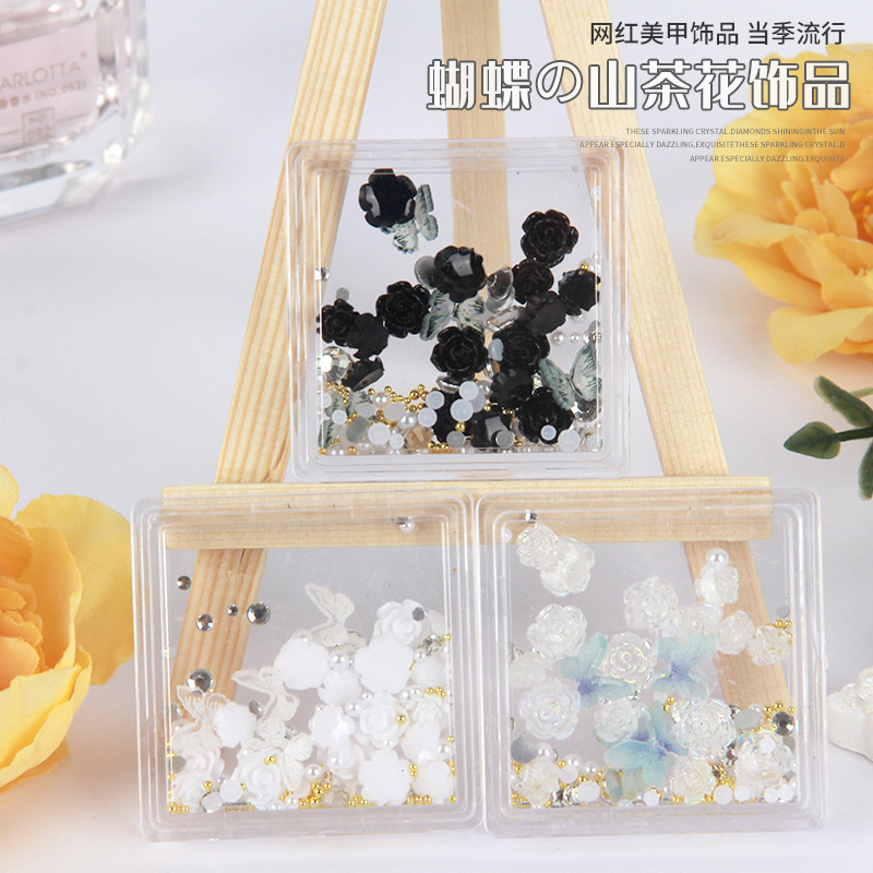 Camellia Nail Art Accessories New White Rose Flower 3D Nail Decoration Nail Rhinestones Camellia Butterfly