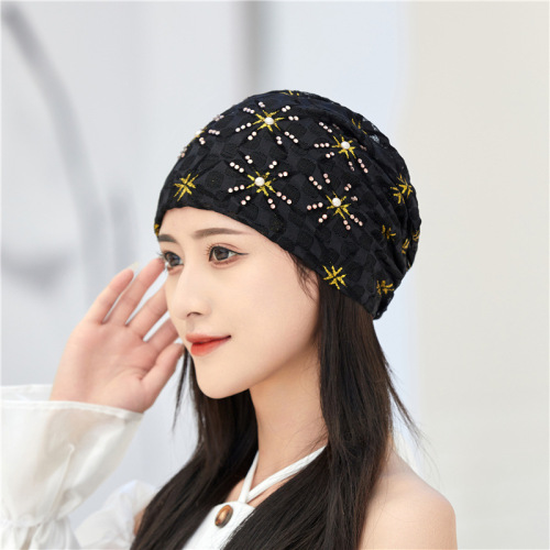 Four Seasons Embroidered Diamond-Hole Women's Breathable Soft Beanie Scarf Hat, Covering White Hair Air Conditioner Hat Thread Hat Mother Hat
