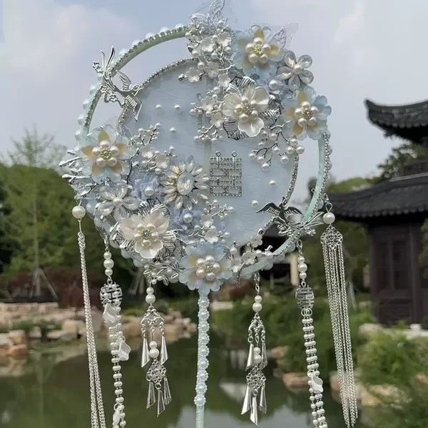 蓝色秀禾团扇小红书同款新娘扇子结婚高档团扇喜扇diy团扇材料包|undefined