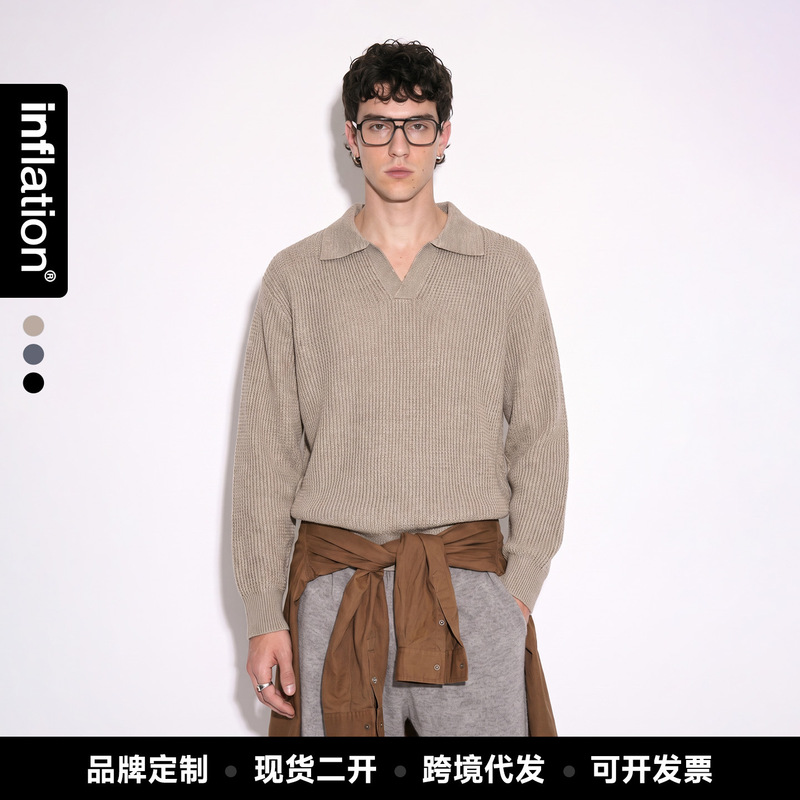 Jiezhan Men's Clothing | Old Money Style V-Neck Sweater 26 Autumn/Winter New Product Warm Turn-Down Collar Textured Knit Top for Men and Women Jiezhan Men's Clothing | Old Money Style V-Neck Sweater 26 Autumn/Winter New Product Warm Turn-Down Collar Textured Knit Top for Men and Women