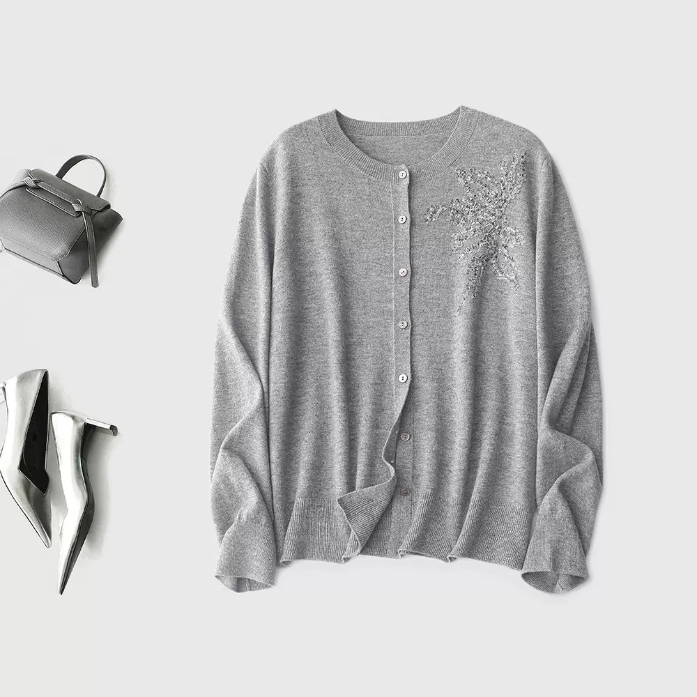 重工钉珠立体花卉 绵羊毛小香风开衫解锁秋冬高级松弛感慵懒显瘦