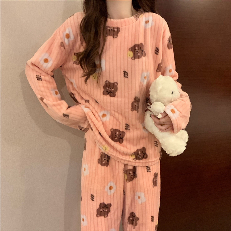 珊瑚绒睡衣女冬天加厚外穿法兰绒家居服宽松长款开衫套装加厚保暖|undefined