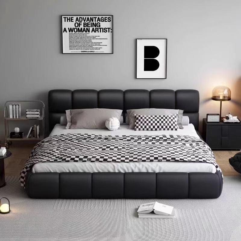 Large Bed with Tech Velvet Fabric, Modern Minimalist 1.8m Double Bed for Master Bedroom, Italian-Style Minimalist Storage Wedding Bed