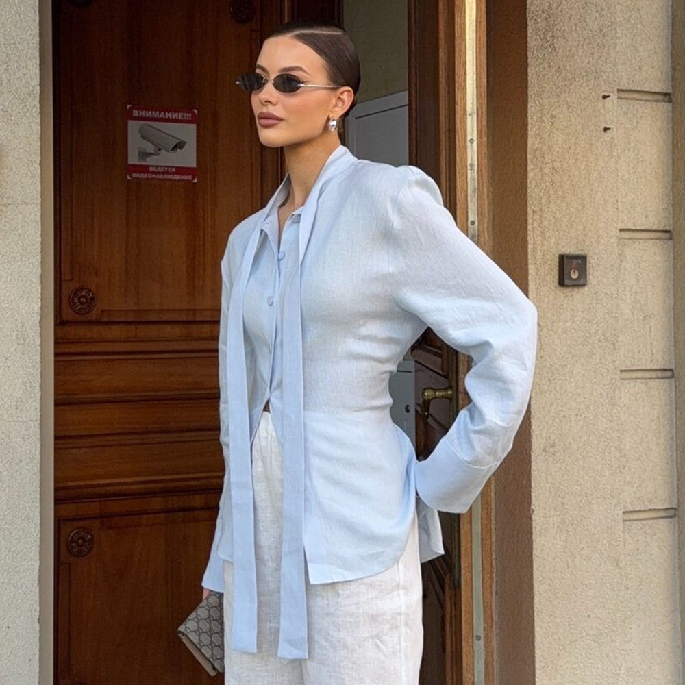 Cross-Border Strappy Shirt for Women European and American 2025 Autum New Ribbon Cardigan Top Work Clothing Pure Cotton Slim Shirt for Women