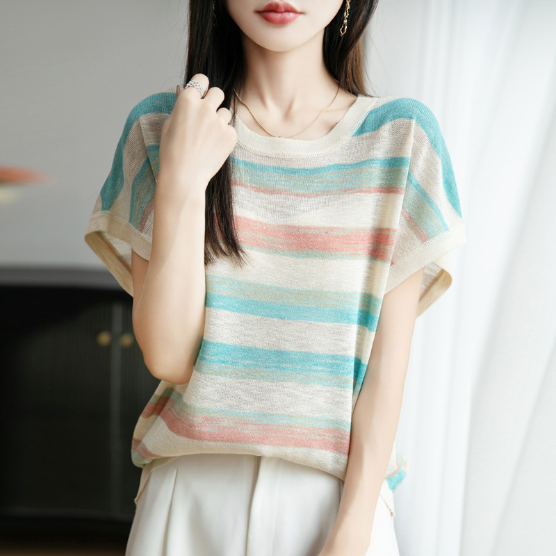 Vintage-Inspired Ice Silk Knit Top with Colorful Stripes, Fashionable and Youthful, Cool and Slimming Short-Sleeve T-Shirt Vintage-Inspired Ice Silk Knit Top with Colorful Stripes, Fashionable and Youthful, Cool and Slimming Short-Sleeve T-Shirt