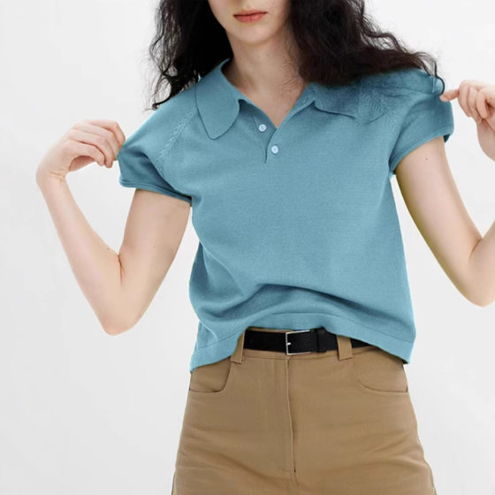 Blue Polo Collar Shoulder Short-sleeved T-shirt Women's Summer High-end American-style Loose Knitted Shirt Short Lapp Top