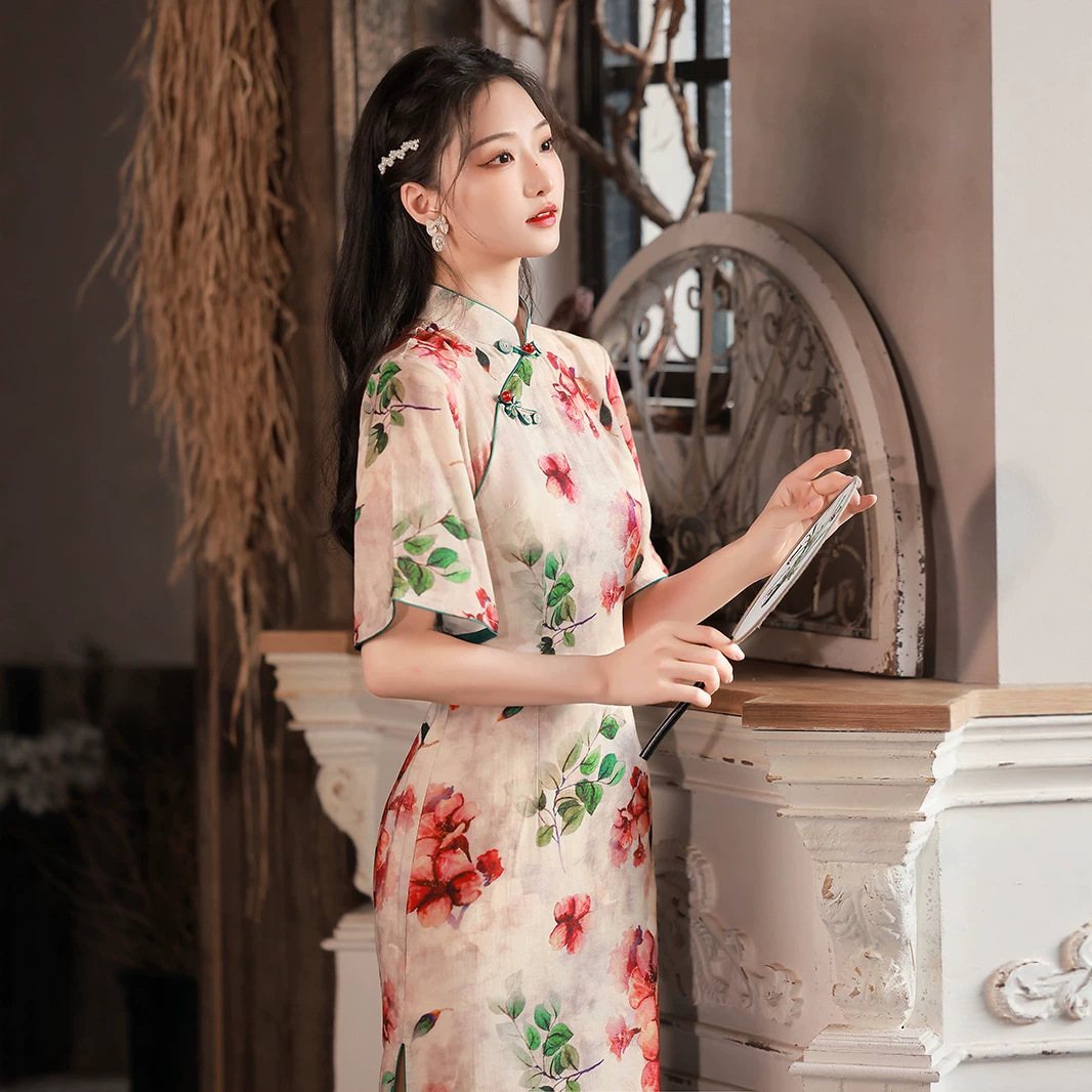 2022年夏季新款天丝麻复古油画清凉透气不闷汗改良年轻旗袍连衣裙