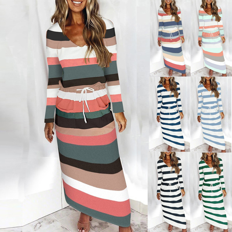 Striped Print V-Neck Long-Sleeved Dress NSYHY106843