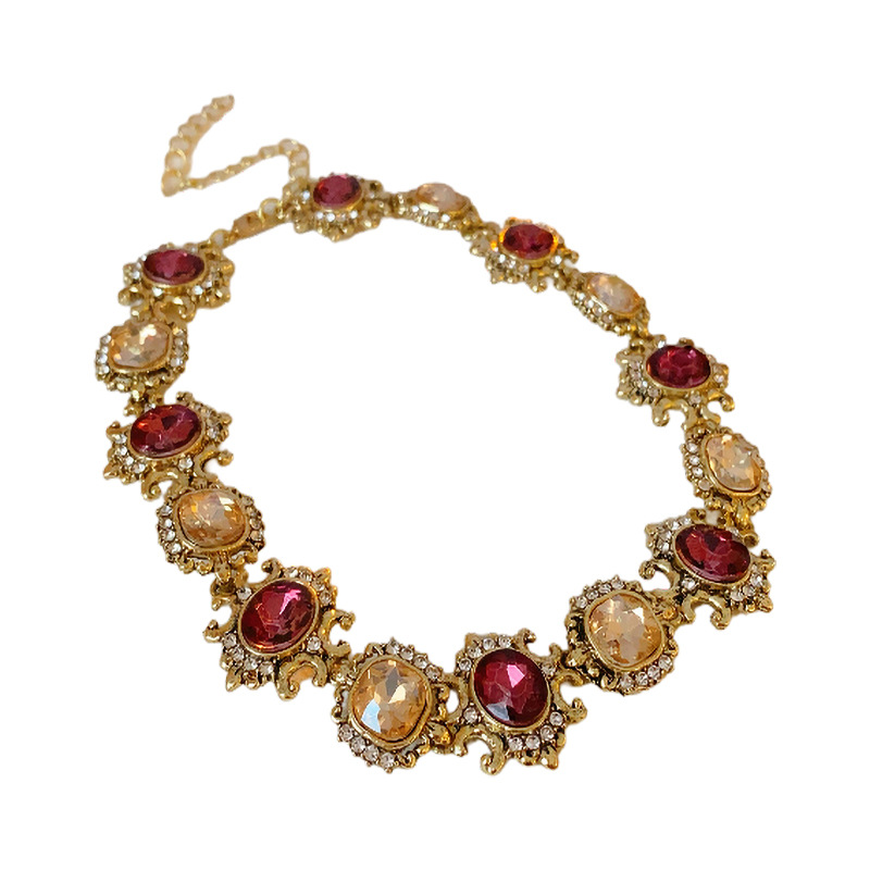 Collar redondo con incrustaciones de diamantes vintage medieval, diseño de moda, cadena de clavícula, estilo de corte alto, conjunto de joyería de lujo ligero image 6