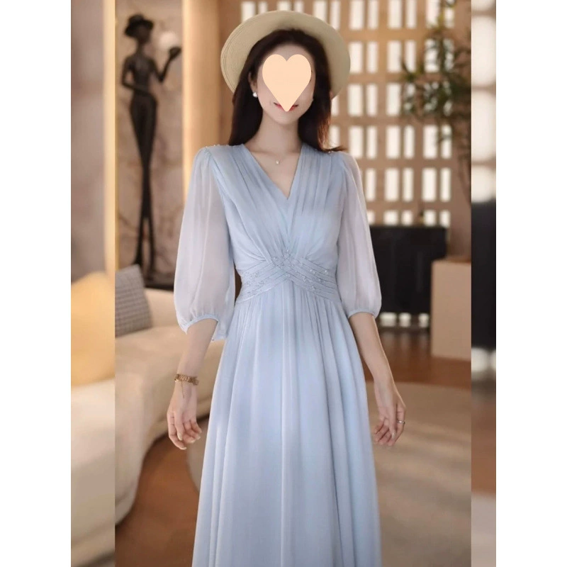 Элегантное плиссированное синее платье, летнее новое стильное праздничное платье с длинной юбкой и воротником, утягивающее талию, легкое роскошное платье