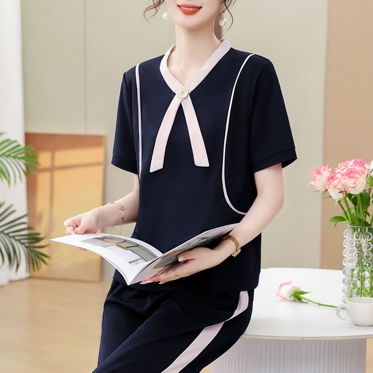 Новый летний комплект 2024 для женщин среднего возраста: спортивный свободный топ и брюки с бантом, дышащий и повседневный.