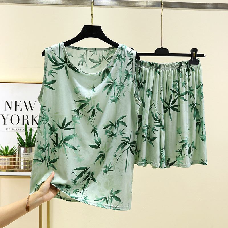 Round Neck Sleeveless Vest Two-Piece Cotton Silk Pajamas Women's Summer Thin Silk Artificial Cotton Casual Home Clothes suit