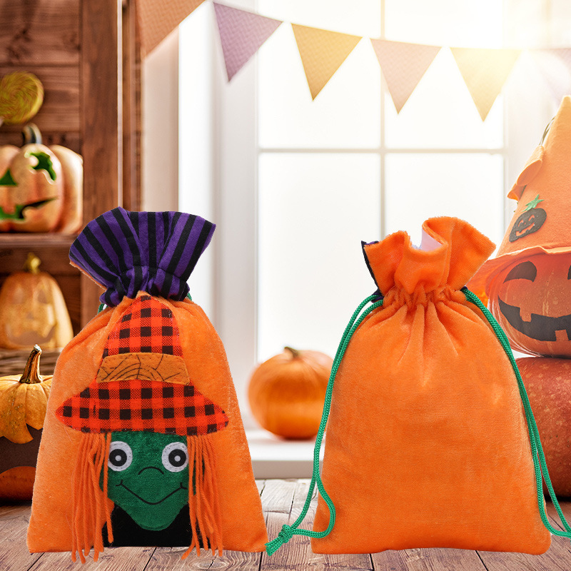 Halloween cross-border new drawstring pocket cartoon velvet pumpkin bag candy bag children's gift party decoration