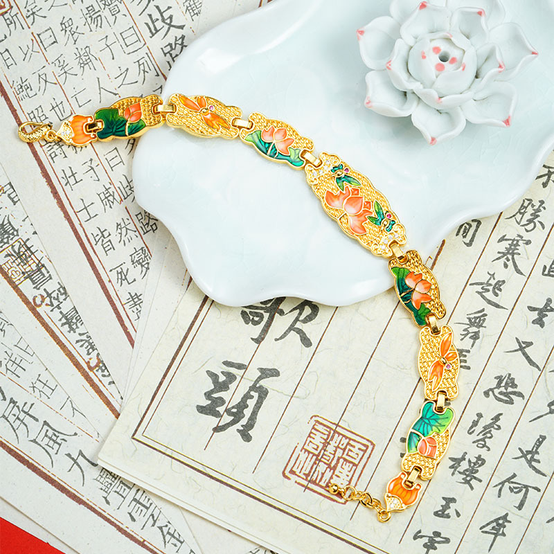 Nueva pulsera de oro de arena antigua china, brazalete de loto tridimensional de aceite de goteo de esmalte de marea nacional, joyería retro que no se desvanece durante mucho tiempo