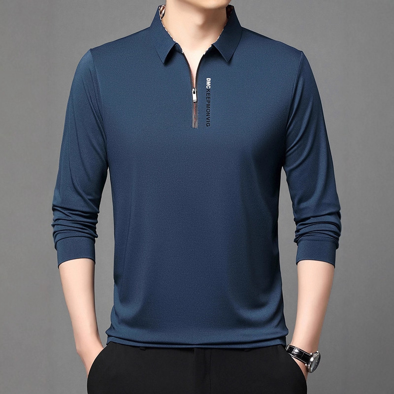 Cross-Border Autum New Zipper Long-Sleeved Polo Shirt Middle-Aged Dad Wear Men's T-Shirt Pure Color Casual Lapel Top