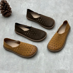 Artistic Handmade Genuine Leather Hollow Sandals 24 Summer New Vintage Round Toe Flat Two-Wearing Cowhide Women's Shoes with Holes