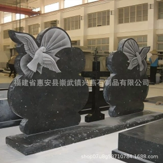 定制印度黑花岗岩双人墓碑 和平鸽浮雕石碑 欧式公墓墓碑雕刻