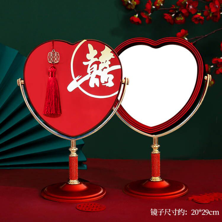 Suministros de la boda espejo rojo novia dote boda Mesa portátil encaje boda maquillaje espejo para pareja dote
