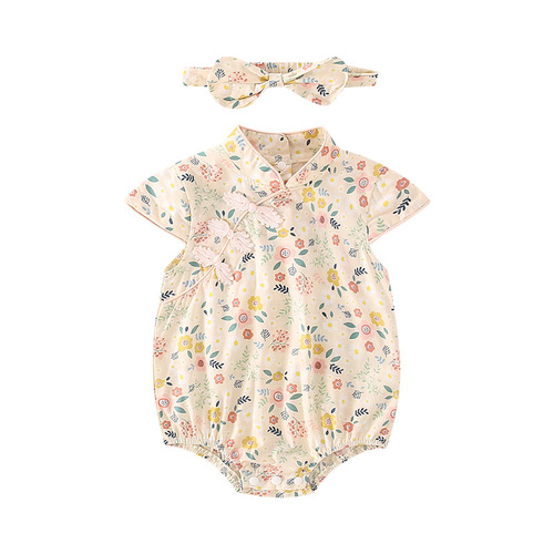 0-2 years old baby thin summer 2024 new girl baby retro floral cheongsam with headband for outdoor wear