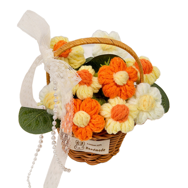 跨境爆款毛线花成品手工针织花泡芙手提篮永生花假花桌面摆件批发|undefined