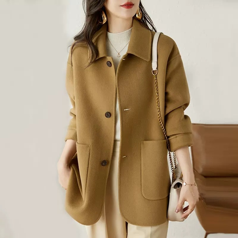 Woolen Outwear Women's 2025 Winter New Korean Style Camel Simple Woolen Outwear Single-Breasted Hepburn Style Outwear Women