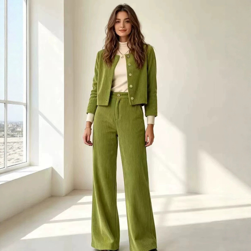 2026 Autumn/Winter Cross-Border Corduroy Set: Simple Commuting Short Cardigan + Wide-Leg Trousers Two-Piece Set, Available in Multiple Colors 2026 Autumn/Winter Cross-Border Corduroy Set: Simple Commuting Short Cardigan + Wide-Leg Trousers Two-Piece Set, Available in Multiple Colors