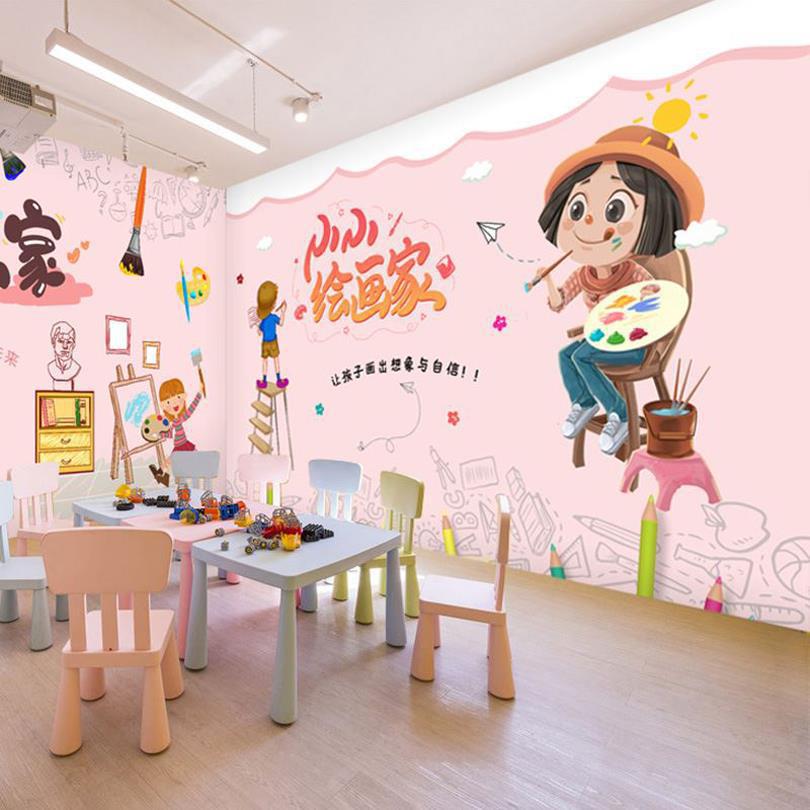 少儿美术室墙布儿童绘画班画室壁画教育机构艺术培训教室背景壁纸