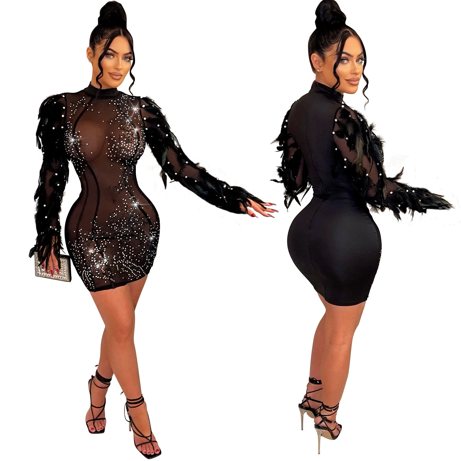 C6802 transfronterizo AliExpress Amazon europeo y americano moda mujer vestido de falda de manga larga de malla de color sólido