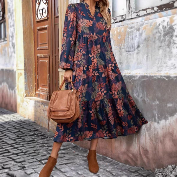 2025 European and American Amazon Cross-Border Export Women's Casual Floral Print V Neck Pleated Long Sleeves with Elegant Elegant