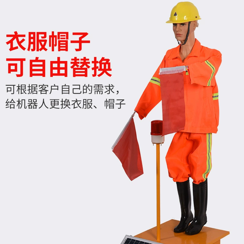 Робот-офицер дорожной безопасности, имитирующий дорожного командира, развевающий флаги на строительстве автомагистрали