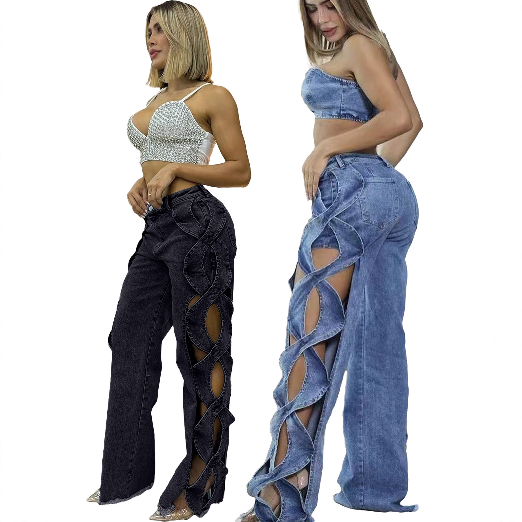 Women's Side Cutout S-Line Denim Pants – Edgy Patchwork Jeans With Distressed Details (Blue/Black-Gray, S-2XL)_mkmklike.com