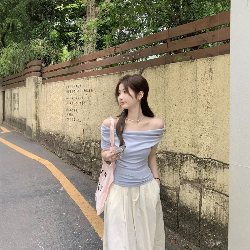 French Style Swing Collar off-shoulder Acetic Acid Top Women's Summer New Silk Short-sleeved T-shirt Pleated Waist Elegant Small Shirt